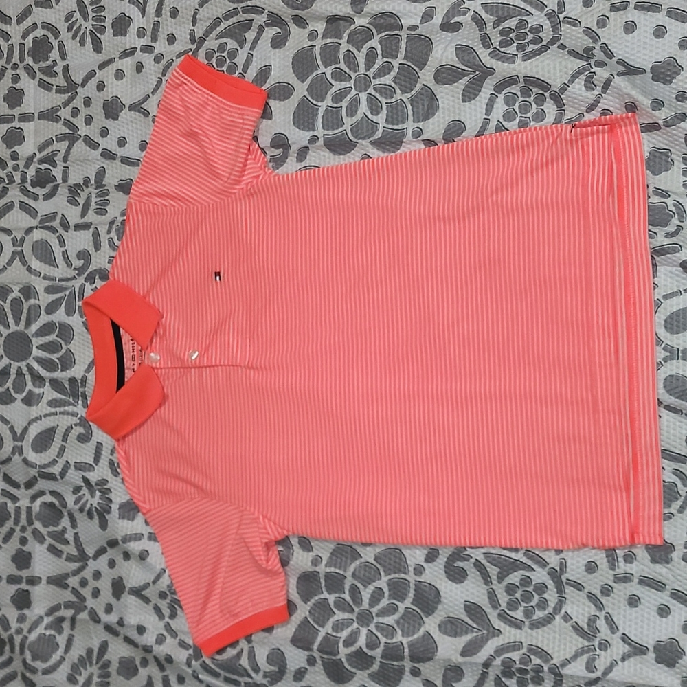 Orange and White Stripped Tommy Hilfiger Dry-Fit Boys Polo Medium